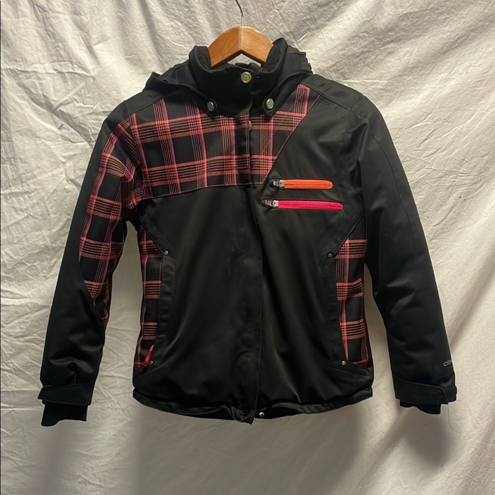 Black, pink, orange Plaid junior women’s ski Jacket size 10